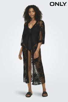 ONLY Black Embroidered Maxi Beach Cover-Up Kaftan (B96303) | KRW81,100