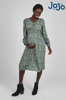 JoJo Maman Bébé Green & Yellow Floral V-Neck Maternity Midi Dress (B96507) | $85