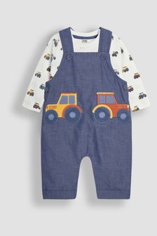 JoJo Maman Bébé Chambray Tractor Appliqué Pocket Dungarees and Top Set (B96680) | €51