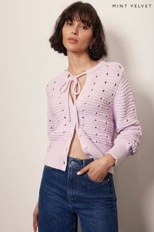 Mint Velvet Purple Cotton Blend Tie Front Cardigan (B96681) | $170