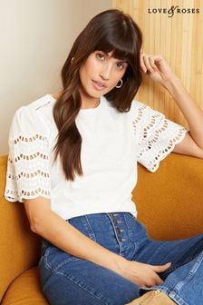 Love & Roses White Petite Broderie Shortss Sleeve Jersey T-Shirt (B97353) | $45