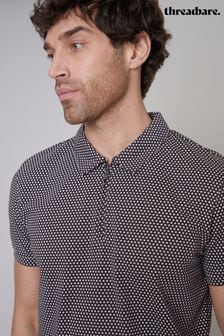 Threadbare Brown Geometric Print Zip Collar Cotton Jersey Polo Shirt (B97402) | €27