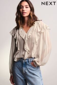 Neutral Sheer Long Sleeve Embellished Ruffle Blouse (B97411) | $64