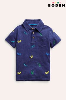 Boden Blue Embroidered Lizard Slubbed Polo Shirt (B97586) | ￥3,700 - ￥4,050