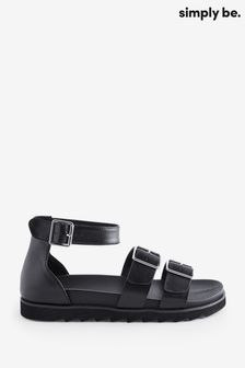 Simply Be Extra Wide Fit Footbed Two Strap Black Sandals
