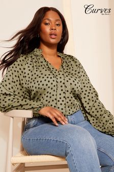 Friends Like These Khaki Green Long Sleeve Satin Tie Neck Blouse (B97613) | kr760