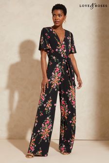 Love & Roses Black Floral Twist Front Jersey Jumpsuit (B98045) | 332 SAR