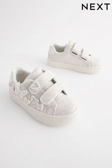 White Glitter Wide Fit (G) Butterfly Touch Fasten Strap Trainers (B98221) | €28 - €32