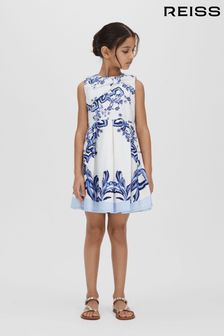 Reiss Blue Print Emiline Junior Cotton Tile Print Pleated Dress (B98244) | €95