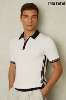 Reiss Off White/Camel/Navy Pulse Cotton Blend Cable Knit Half Zip Polo Shirt (B98927) | 826 SAR