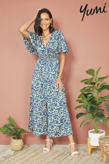 Yumi Blue Satin Ditsy Print Wrap Maxi Dress (B98975) | €79