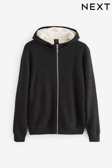 Black Relaxed Fit 100% Cotton Borg Lined Knit Zip-Through Hoodie (B99101) | $105