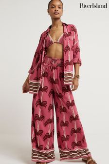 River Island Pink Palm Print Beach Trousers (B99114) | KRW74,700