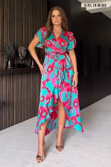 Girl In Mind Blue Rena Floral Split Hem Frill Detail Maxi Dress (B99524) | AED255