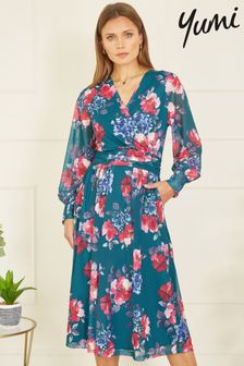 Yumi Green Floral Print Stretch Mesh Dress With Pockets (B99732) | 272 QAR