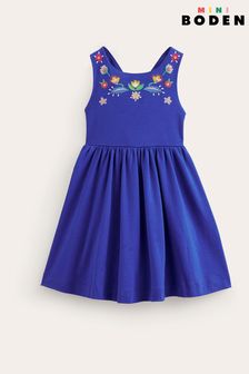 Boden Blue Jersey Embroidered Cross-Back Dress (B99891) | KRW61,900 - KRW72,600