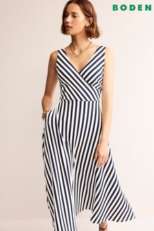 Boden White/Blue Stripe Jersey Wrap Midi Dress (B99996) | AED638