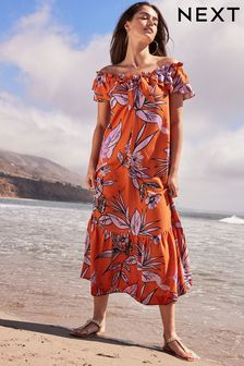 Orange Floral Frill Off Shoulder Midi Dress with Linen (C00085) | €27