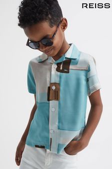Reiss Teal Deekay Junior Slim Fit Cuban Collar Abstract Print Shirt (C00297) | €58