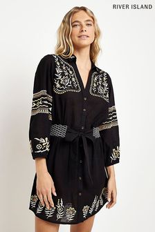 Черное платье-рубашка мини с вышивкой River Island (C00428) | €28