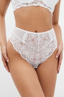 White Lace High Waist High Leg Knickers (C00636) | $18