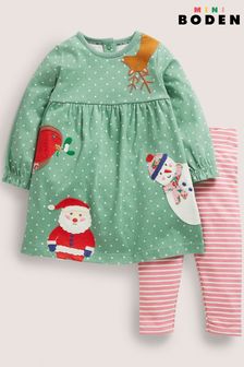 Boden Green Appliqué Christmas Dress And Legging Set (C00678) | €34 - €36