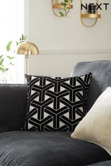 Black/White Geometric Flocked Cushion (C00783) | €23.50