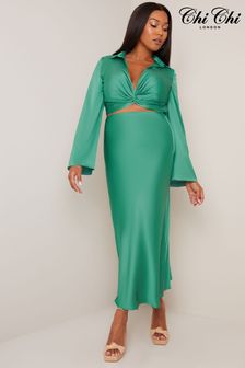 Chi Chi London Green Long Sleeve V-Neck Satin Twist Detail Top (C01033) | AED189