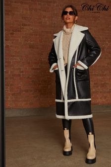 Chi Chi London Contrast Trim Belted Shearling Coat