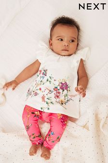 Coral/White Floral Baby Woven T-Shirt And Leggings Set 2 Piece (C01601) | 19 € - 21 €