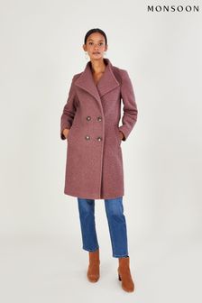 Monsoon Pink Blake Boucle Double Breasted Funnel Neck Coat (C01627) | €82