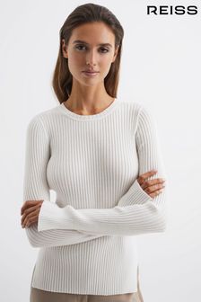 Reiss Cream Elle Slim Fit Ribbed Crew Neck Split Sleeve Jumper (C01814) | $173