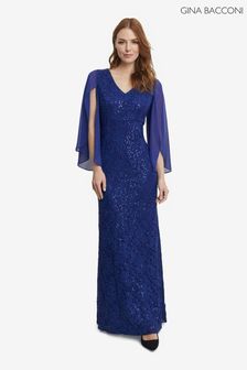 Gina Bacconi Blue Claudine Long V-Neckline Fit And Flare Lace Dress (C01895) | 376 €