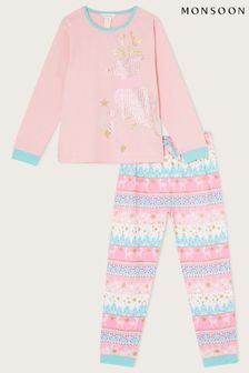 Monsoon Pyjama mit weihnachtlichem Rentierdesign und Pailletten, Pink (C02190) | 35 € - 40 €