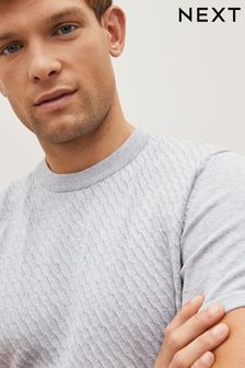 Gris - T-shirt ras du cou en maille texturée à manches courtes (C02675) | €13