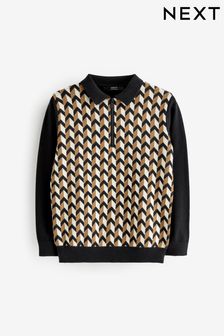 Black/Cream Long Sleeve Knitted Geo Patterned Polo Shirt (3-16yrs) (C02847) | €14 - €18