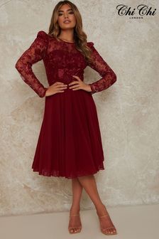 Chi Chi London Red Embroidered Bodice Fit And Flare Dress (C03111) | €111