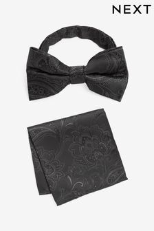 Black Paisley Bow Tie And Pocket Square Set (C03399) | €18