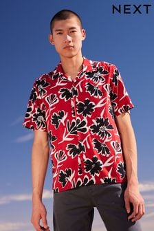 Red/Black Floral Print Cuban Collar Short Sleeve Shirt (C03509) | 15 €