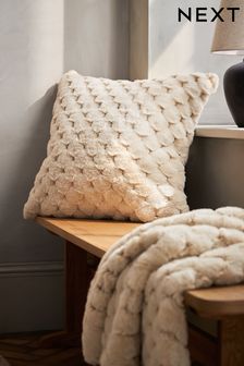 Ivory Natural 59 x 59cm Luna Scallop Faux Fur Cushion (C03612) | ￥3,400