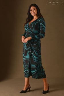 Live Unlimited Blue Curve Swirl Print Ring Detail Wrap Jersey Midi Dress (C03661) | €36