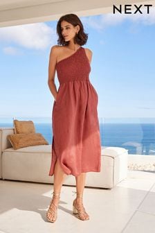 Pink 100% Linen One Shoulder Midi Summer Dress (C03664) | €38