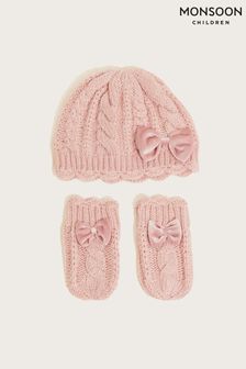 Monsoon Baby Set mit Strickmütze und Handschuhen mit recyceltem Polyester, Pink (C03779) | 22 €
