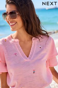 Blush Pink Ice Cream Embroidered Linen Blend V-Neck Short Ruffle Sleeve Knit Top (C03848) | 82 zł
