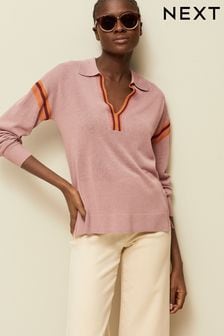 Blush Pink Tipped Linen Polo Long Sleeve Jumper (C03918) | AED112