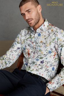 Blau mit floralem Muster - Slim Fit, einfache Manschetten - Signature Ferno Hemd aus bedrucktem italienischem Stoff (C04004) | 65 €