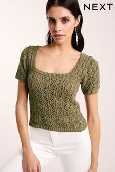 Khaki Green Square Neck Stitch Detail Short Sleeve Knitted Top (C04520) | kr336