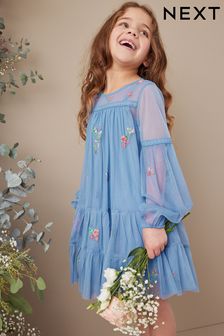 Blue Floral Embroidered Occasion Mesh Dress (3-16yrs) (C04538) | TRY 621 - TRY 759