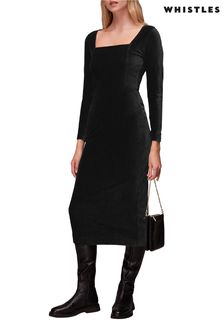 فستان متوسط الطول مخمل جيرسيه أسود من Whistles (C04539) | 616 د.إ