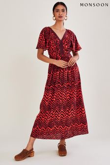 Monsoon Red V-Neck Zig Zag Animal Print Dress (C04640) | 54 €